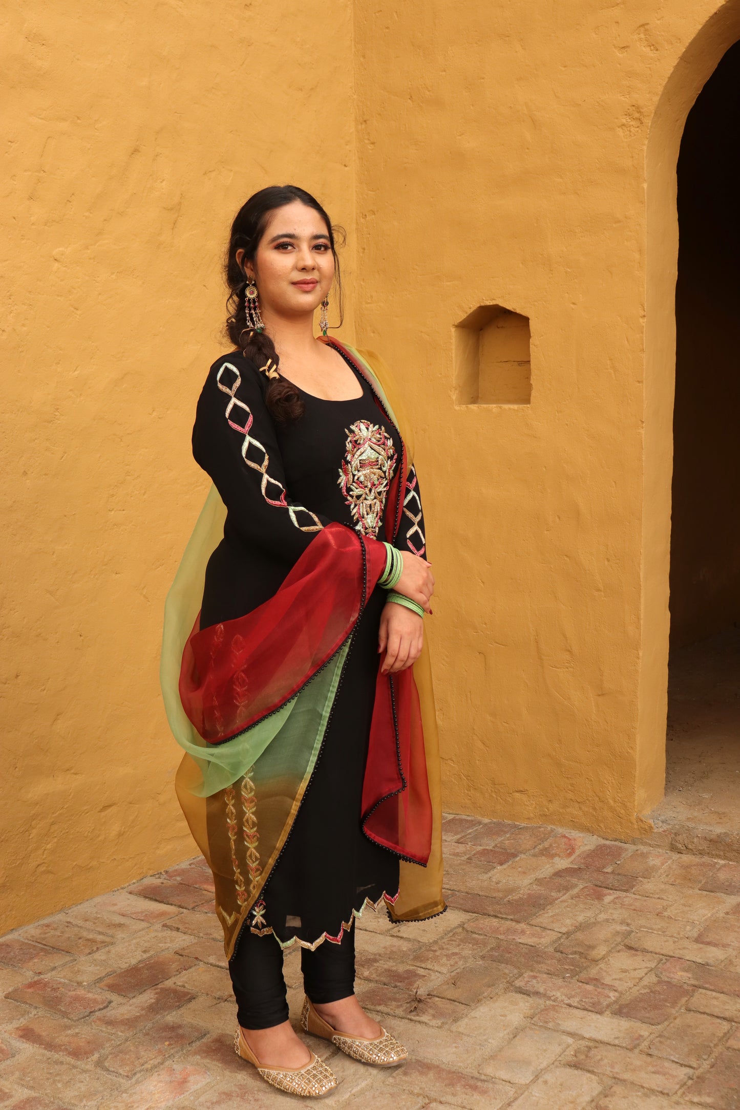 3 Piece Black outfit with multicolor dupatta