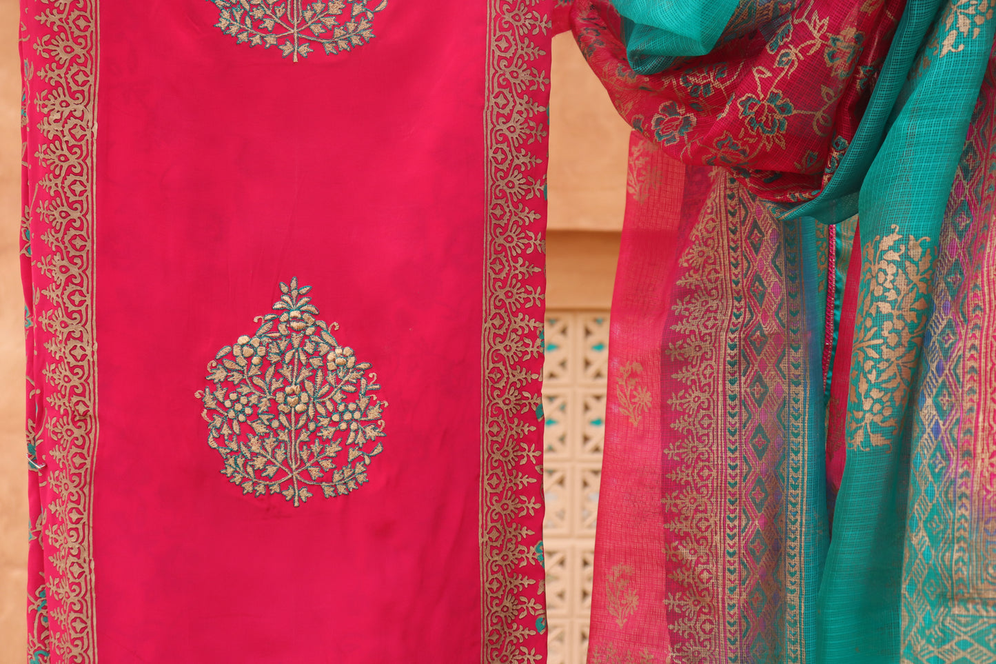 3 piece Hot pink coloured suit intricately hand-blocked with a touch of thread on it