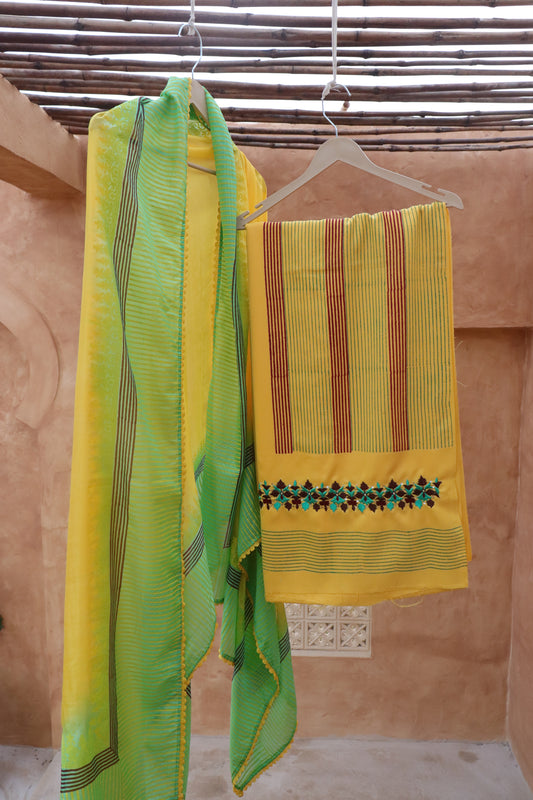 Winter special: 3 piece suit intricately hand-blocked dupatta with embroidery