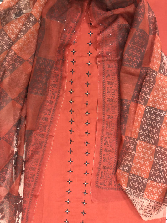 Winter special: 3 piece suit intricately hand-blocked dupatta with embroidery