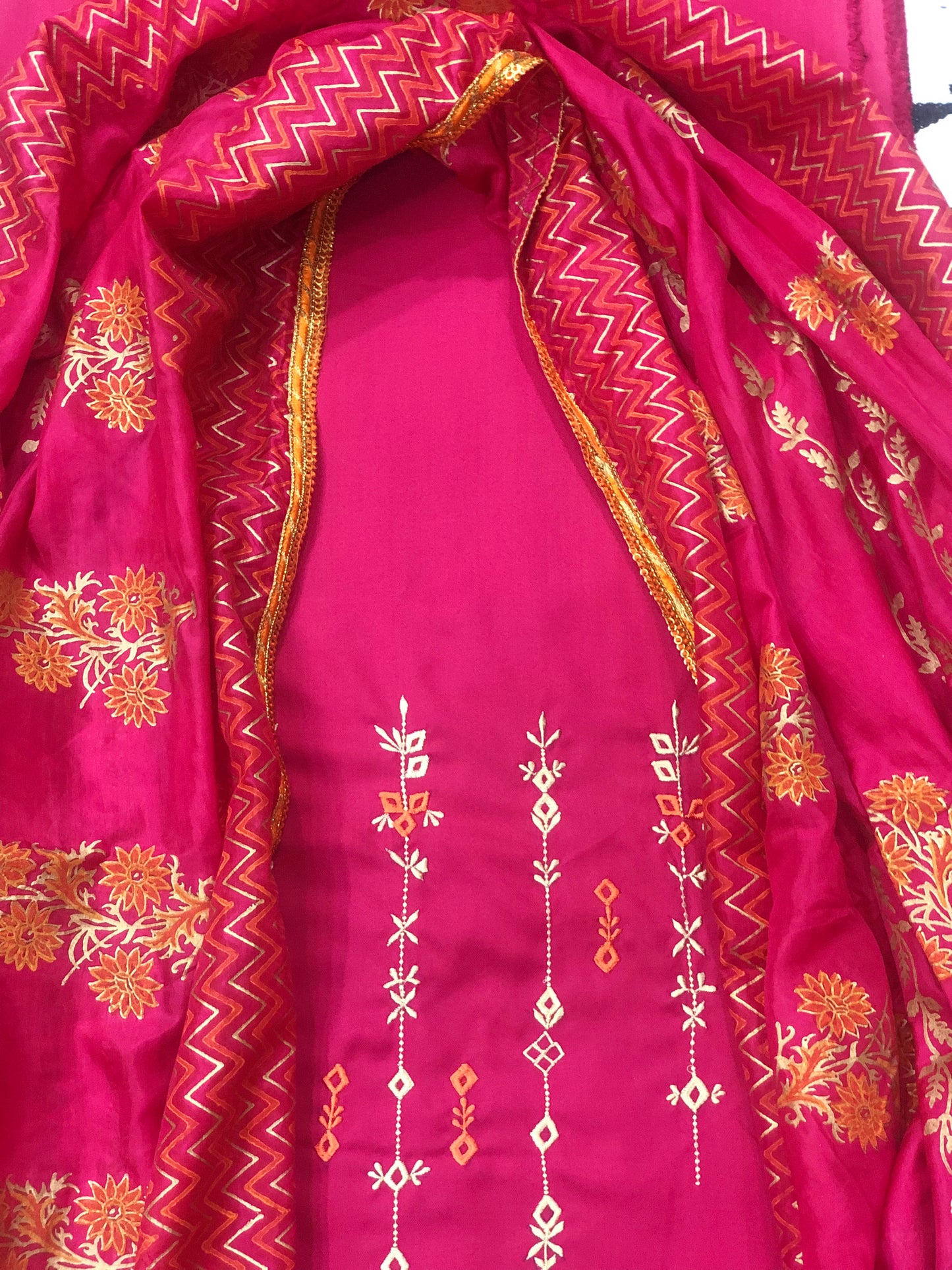 Winter special: 3 piece suit intricately hand-blocked dupatta with embroidery