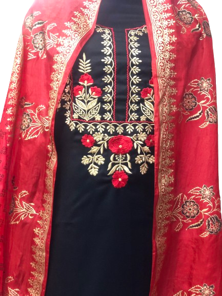 Winter special: 3 piece suit intricately hand-blocked dupatta with embroidery