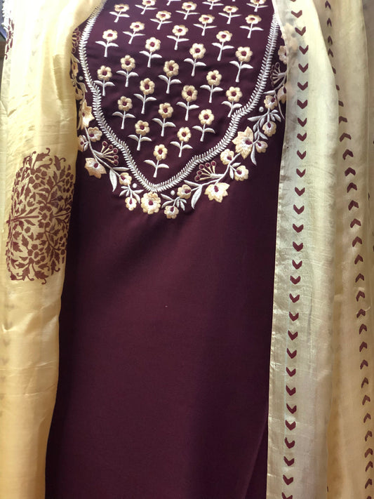 Winter special: 3 piece suit intricately hand blocked dupatta with embroidery on shirt