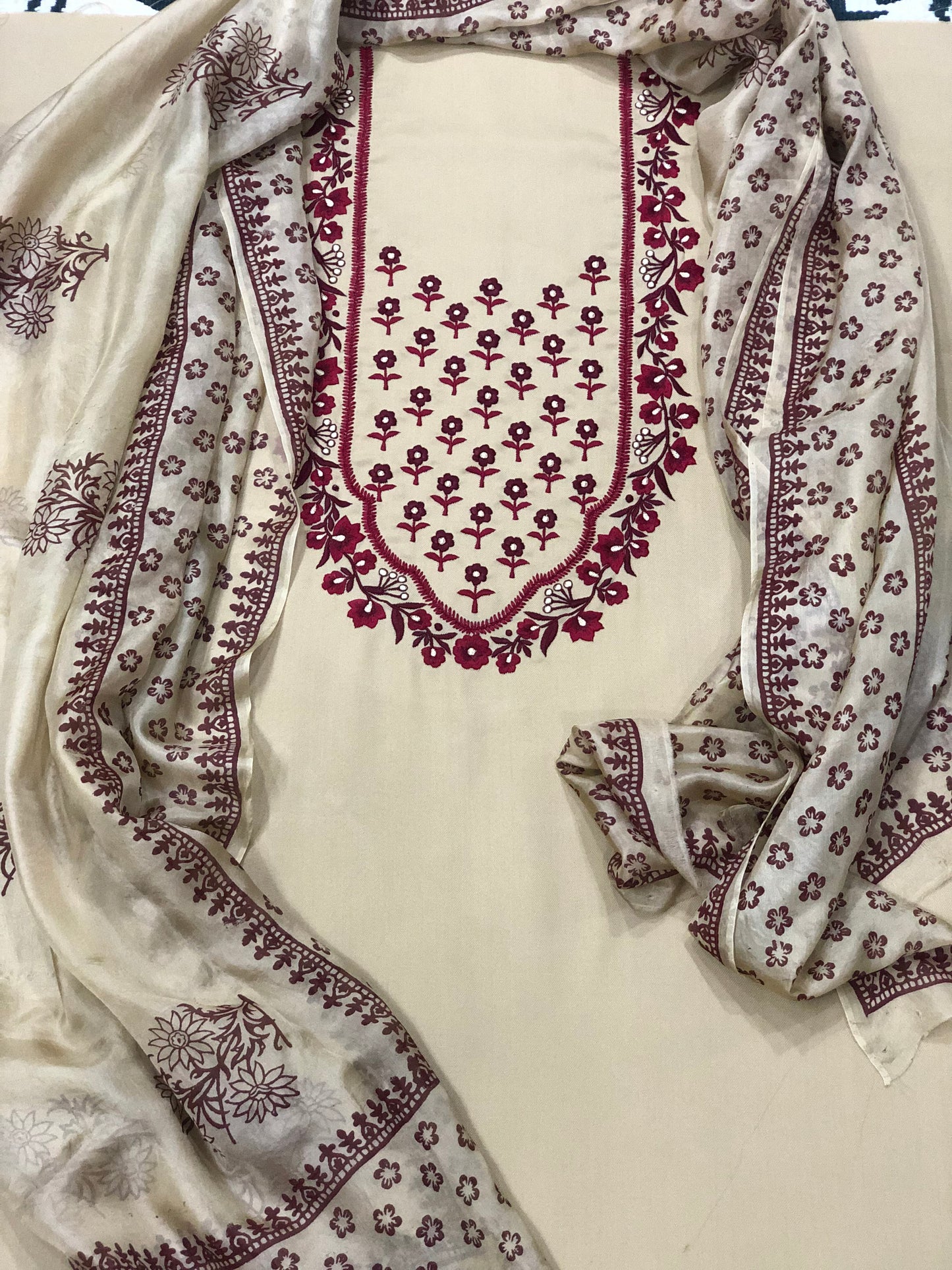 Winter special: 3 piece suit intricately hand blocked dupatta with embroidery on shirt