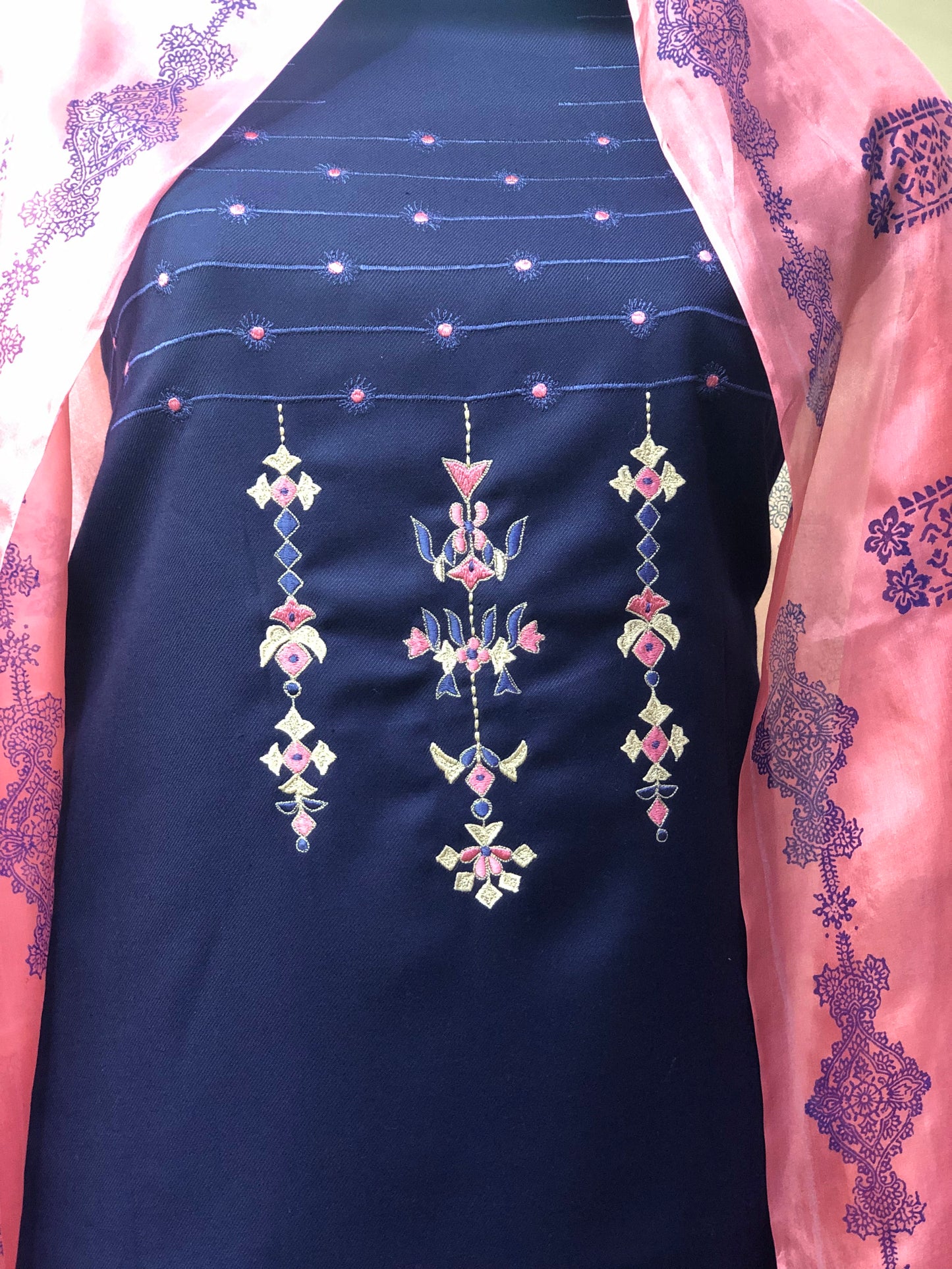 Winter special: 3 piece suit intricately double died dupatta with embroidery on shirt