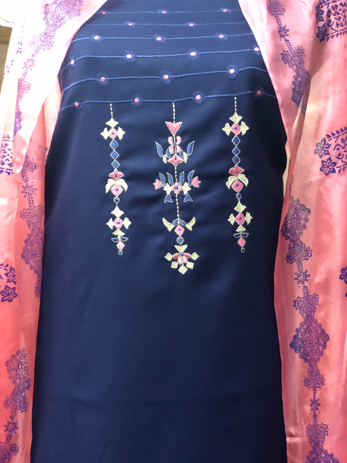 Winter special: 3 piece suit intricately double died dupatta with embroidery on shirt