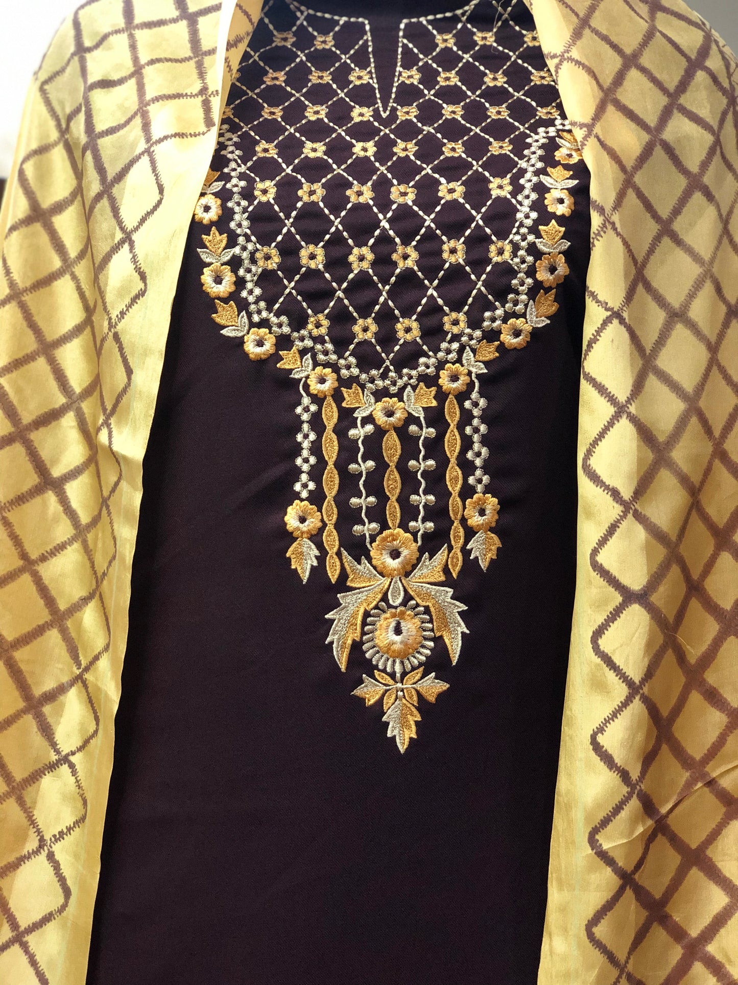 Winter special: 3 piece suit intricately hand-blocked dupatta with embroidery